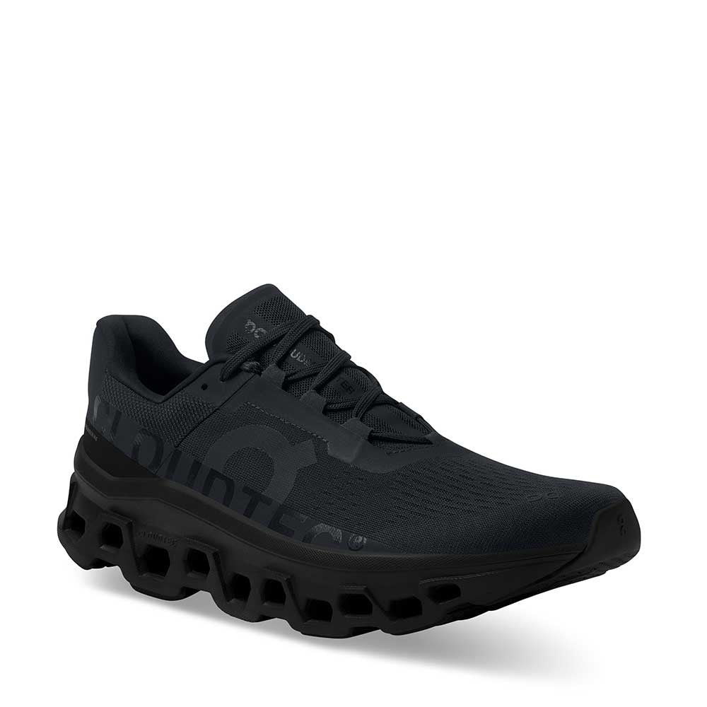 On Running Cloudmonster All Black Mens angle view - Hanig's Footwear