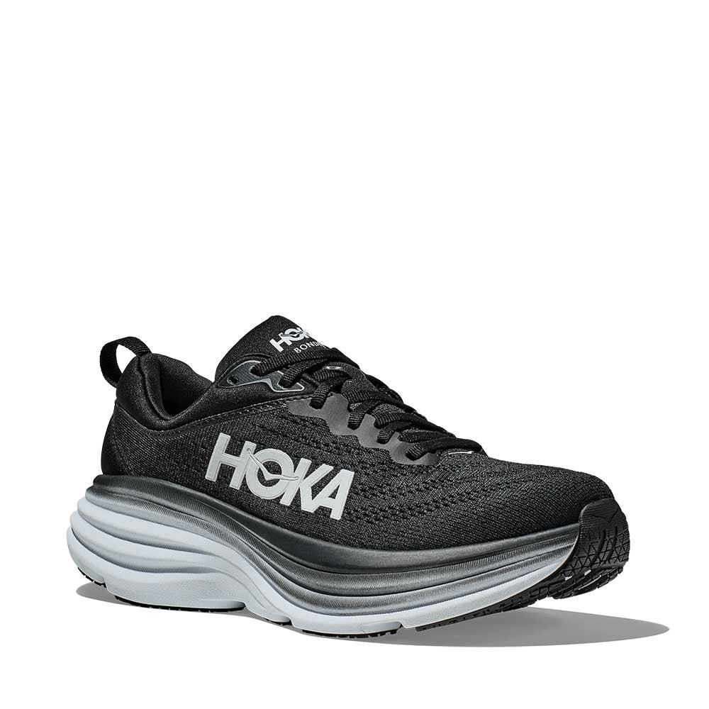 Hoka One One Bondi 8 Black/White Womens angle view - Hanig's Footwear
