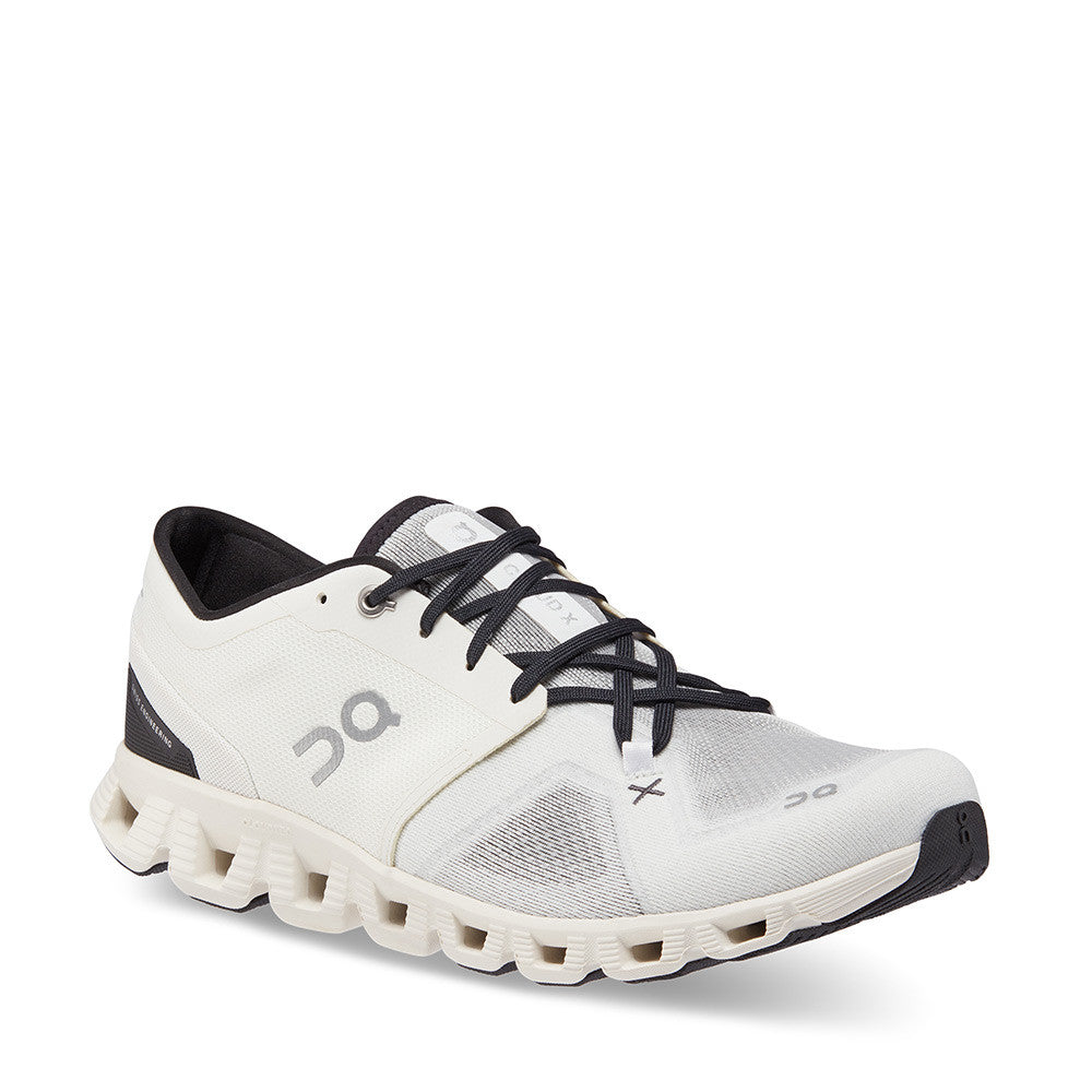 On Cloud X 3 Ivory Black Mens angle view - Hanig's Footwear