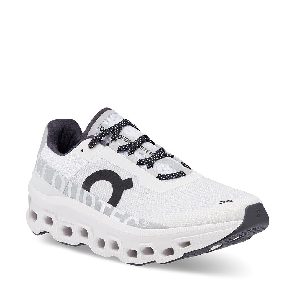 On Running Cloudmonster All White Women angle view - Hanig's Footwear